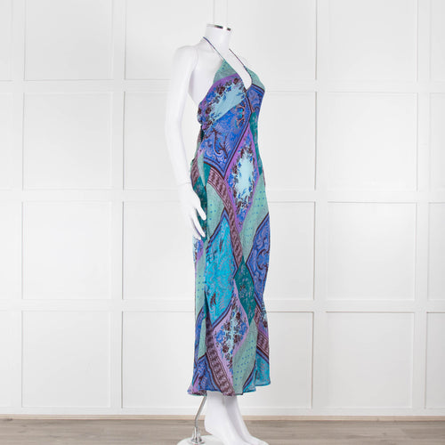 Rixo Blue Halterneck Patchwork Floral Tie Back Dress