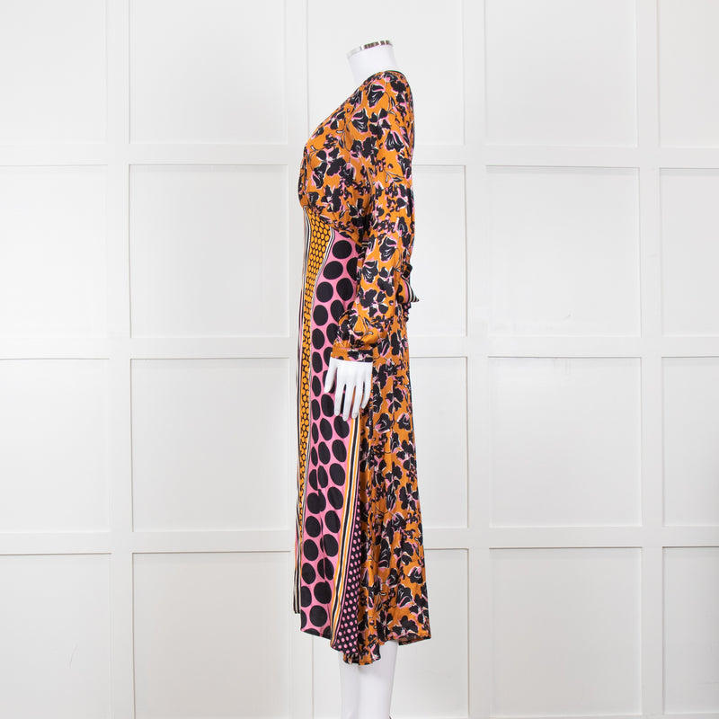 SFIZIO cramel Black Pink Multi Print V-Necked Dress