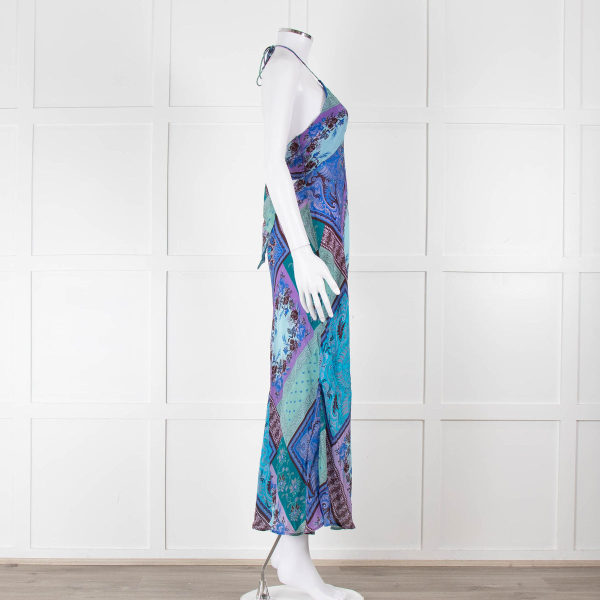 Rixo Blue Halterneck Patchwork Floral Tie Back Dress