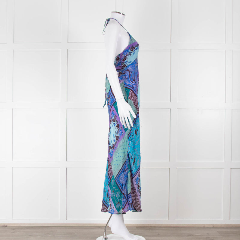 Rixo Blue Halterneck Patchwork Floral Tie Back Dress
