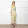 Ghost Blue With Yellow Leopard Print Front Knot Dress With Long Sleeves