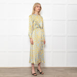 Ghost Blue With Yellow Leopard Print Front Knot Dress With Long Sleeves