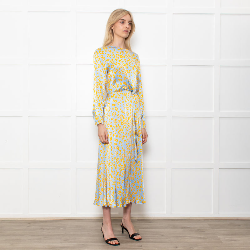 Ghost Blue With Yellow Leopard Print Front Knot Dress With Long Sleeves