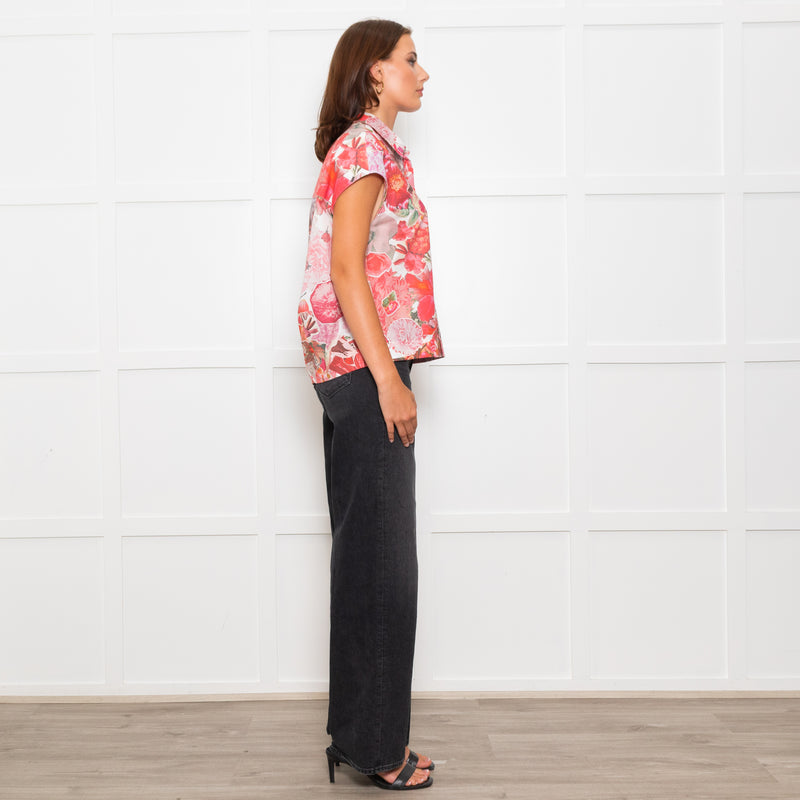 Marni White Cap Sleeve Shirt With Pink and Red Floral Print