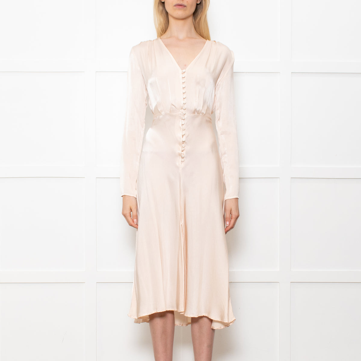 Ghost Midi Champagne Button Front Dress With Long Sleeves