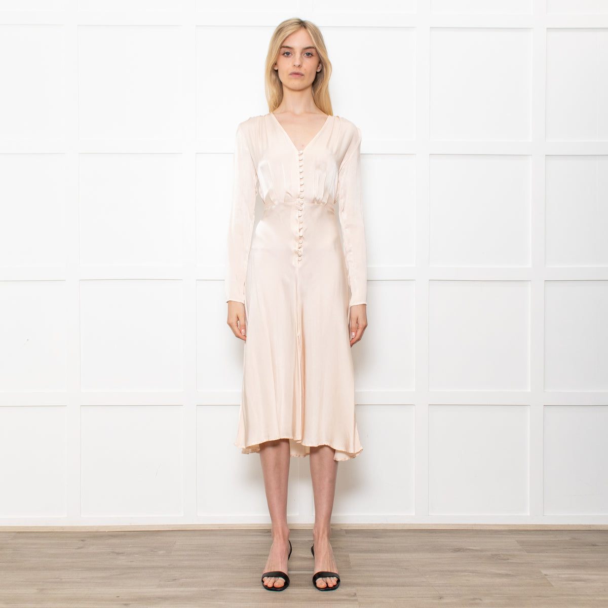 Ghost Midi Champagne Button Front Dress With Long Sleeves  Phoenix Style