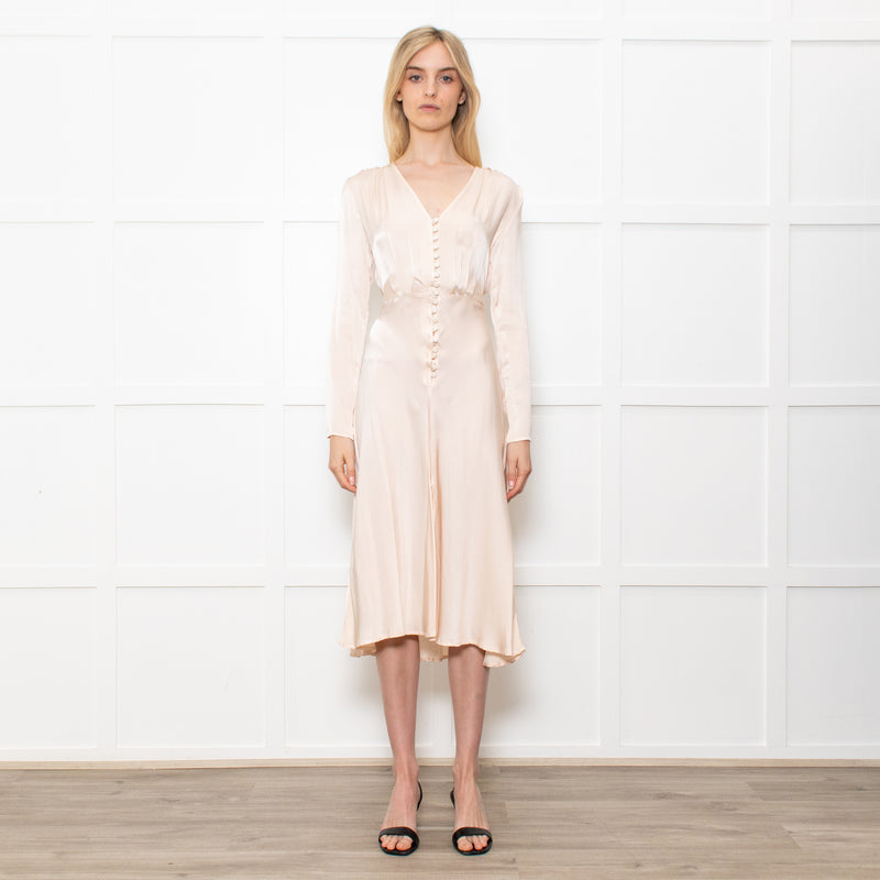 Ghost Midi Champagne Button Front Dress With Long Sleeves
