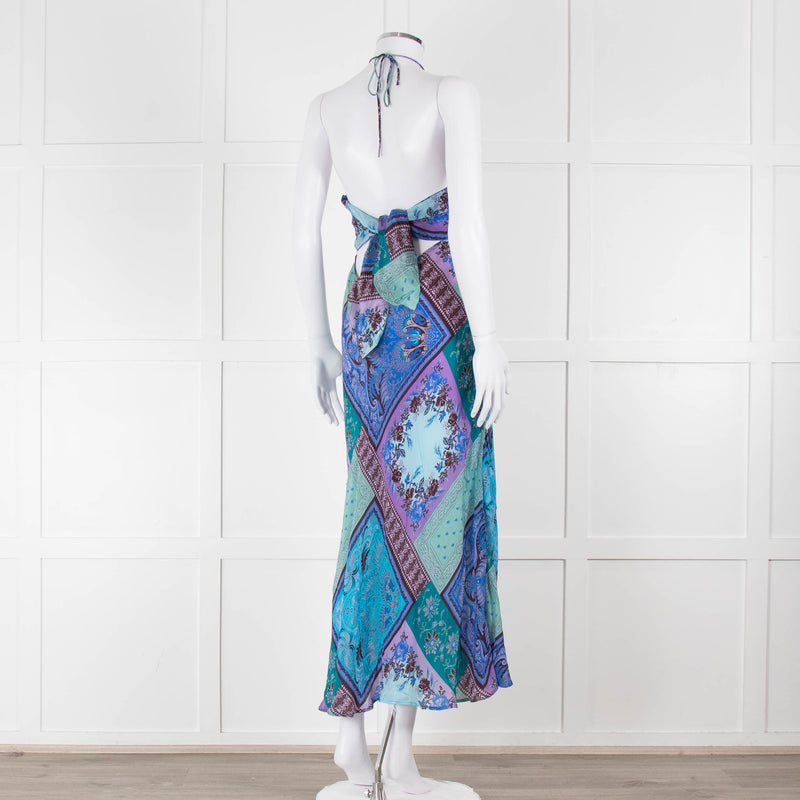 Rixo Blue Halterneck Patchwork Floral Tie Back Dress