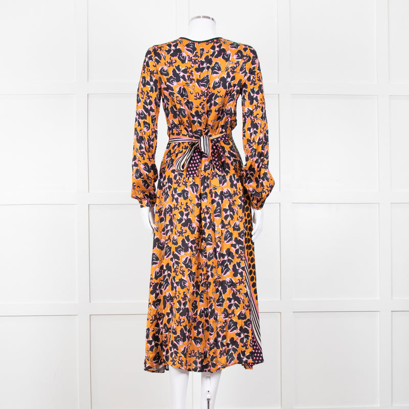 SFIZIO cramel Black Pink Multi Print V-Necked Dress