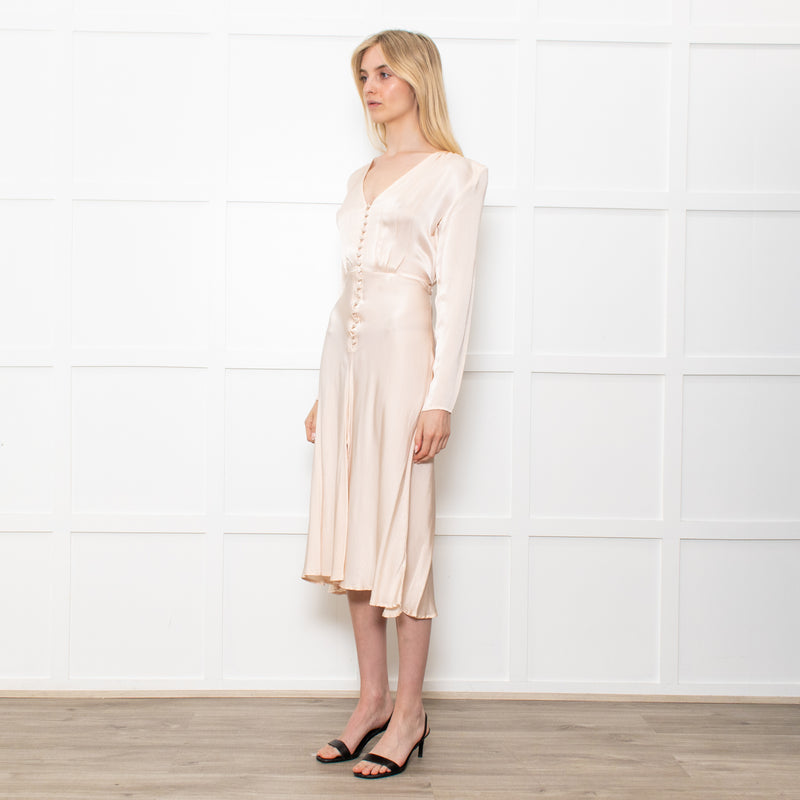 Ghost Midi Champagne Button Front Dress With Long Sleeves