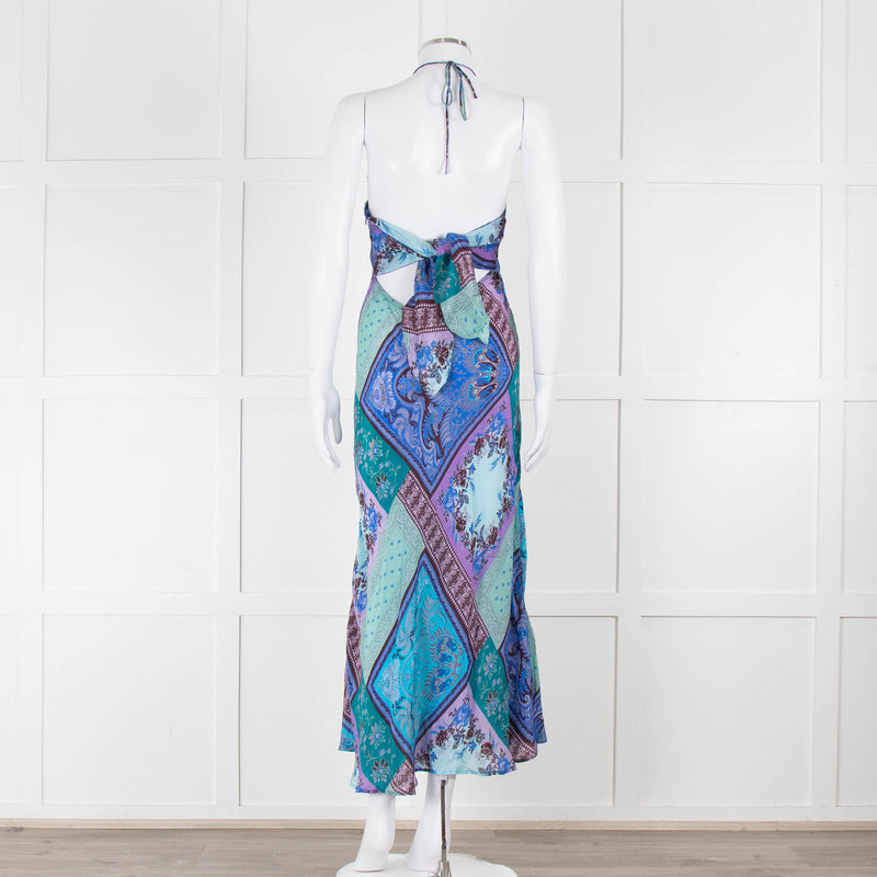 Rixo Blue Halterneck Patchwork Floral Tie Back Dress