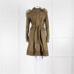 Alexander McQueen Khaki Jewelled Military Coat With Fur Collar
