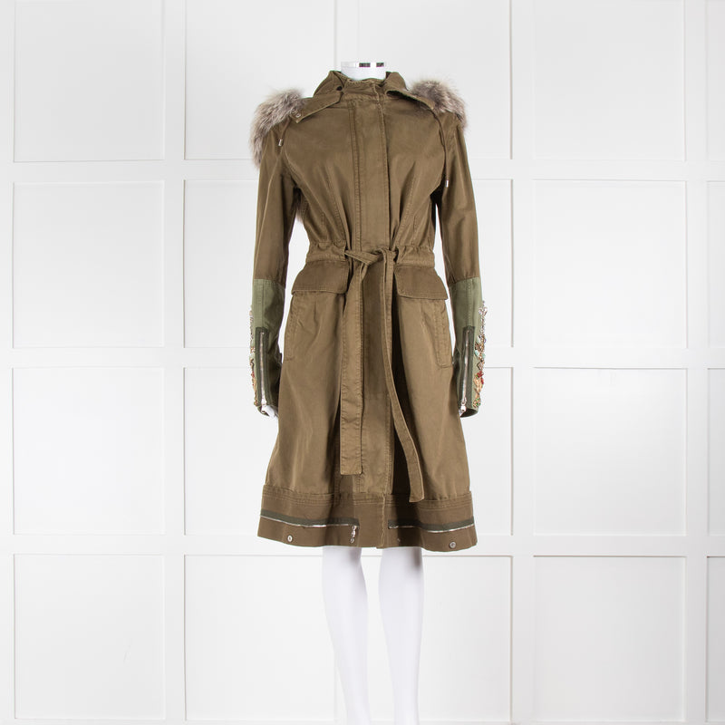 Alexander McQueen Khaki Jewelled Military Coat With Fur Collar