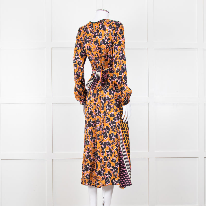 SFIZIO cramel Black Pink Multi Print V-Necked Dress