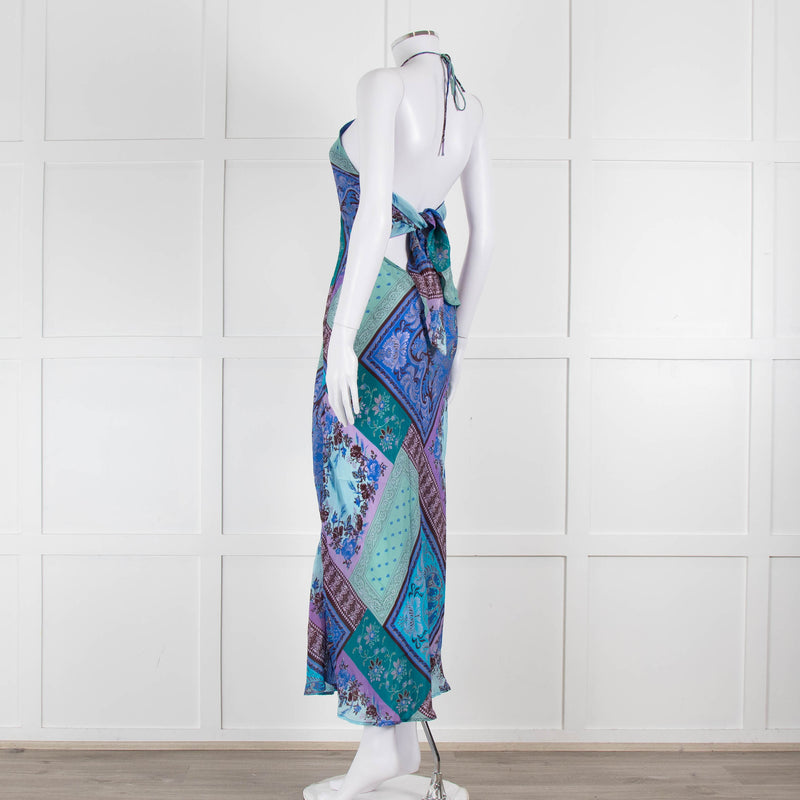 Rixo Blue Halterneck Patchwork Floral Tie Back Dress