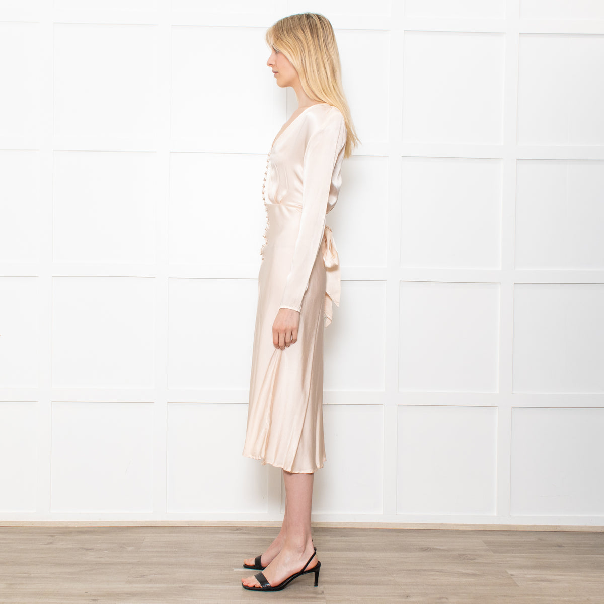 Ghost Midi Champagne Button Front Dress With Long Sleeves