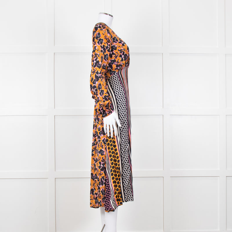 SFIZIO cramel Black Pink Multi Print V-Necked Dress