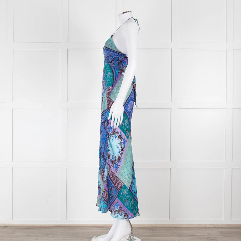Rixo Blue Halterneck Patchwork Floral Tie Back Dress