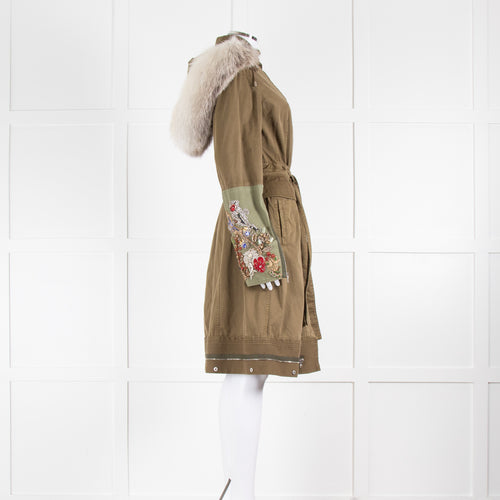 Alexander McQueen Khaki Jewelled Military Coat With Fur Collar