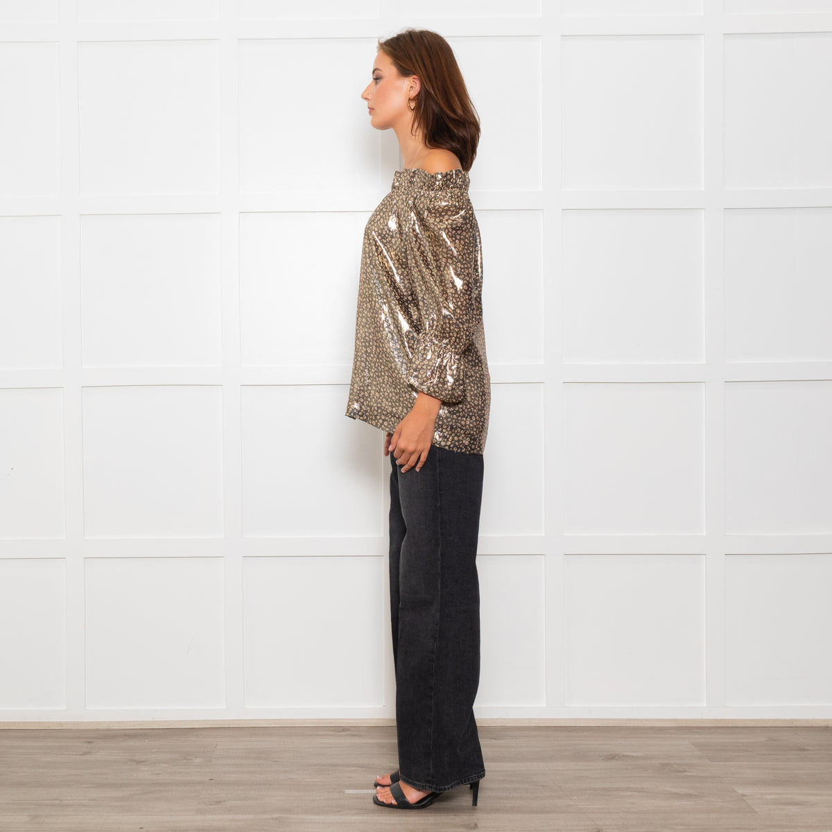 Wyse Silver Beige Lurex Elasticated Trim Top