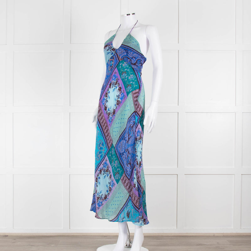 Rixo Blue Halterneck Patchwork Floral Tie Back Dress