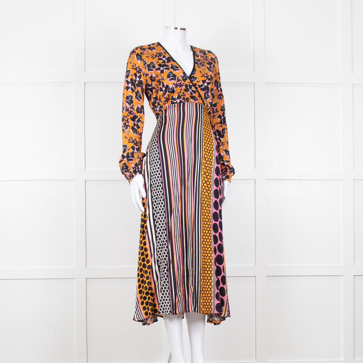 SFIZIO cramel Black Pink Multi Print V-Necked Dress