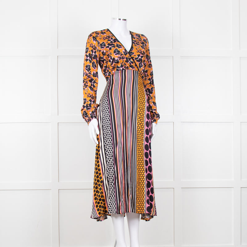 SFIZIO cramel Black Pink Multi Print V-Necked Dress