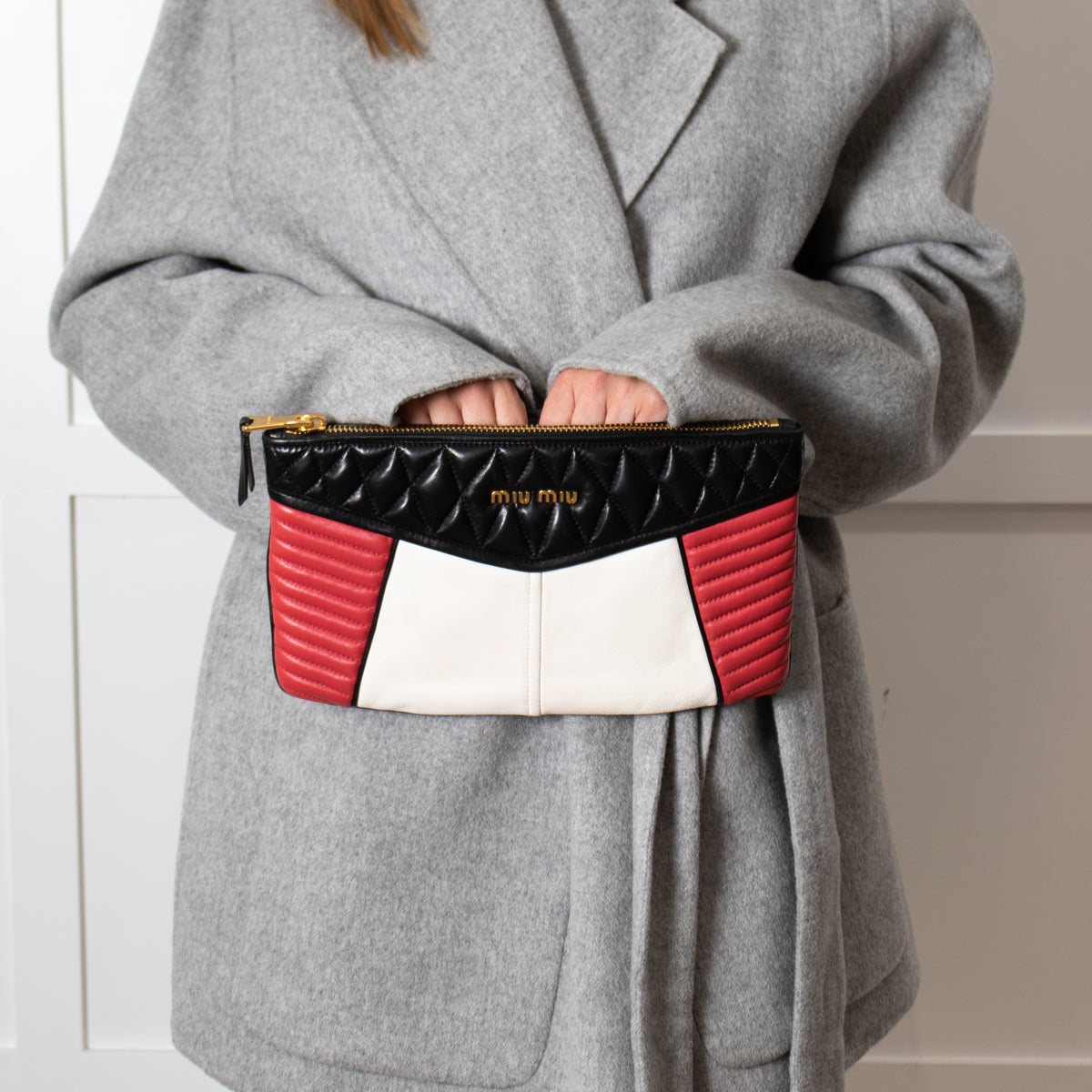 Miu Miu Black, Red and Cream Leather Biker Clutch