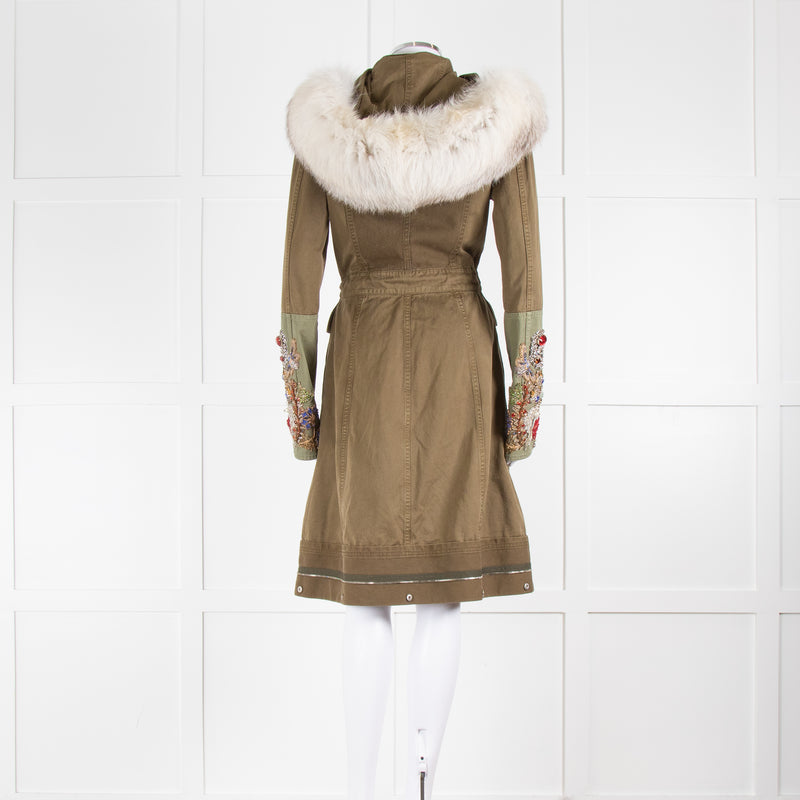 Alexander McQueen Khaki Jewelled Military Coat With Fur Collar