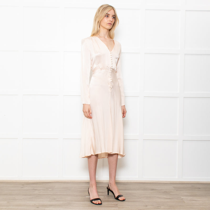 Ghost Midi Champagne Button Front Dress With Long Sleeves
