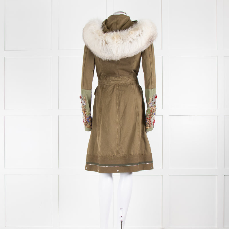 Alexander McQueen Khaki Jewelled Military Coat With Fur Collar