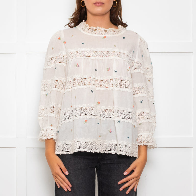 Wyse Cream Lace Trim Cotton Long Sleeve Top