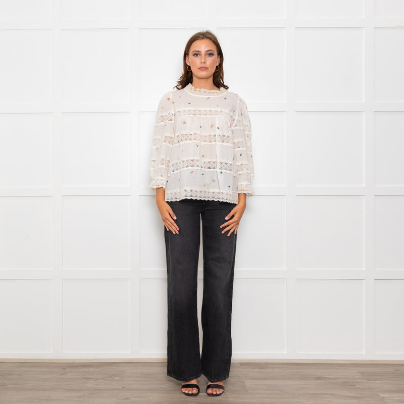 Wyse Cream Lace Trim Cotton Long Sleeve Top