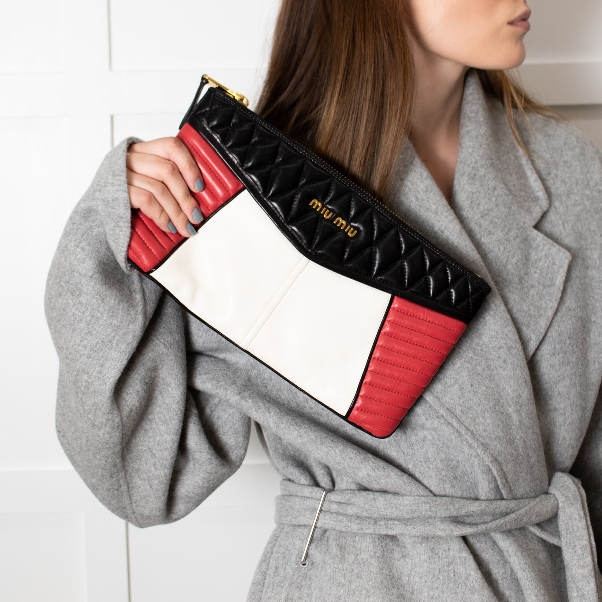 Miu Miu Black, Red and Cream Leather Biker Clutch