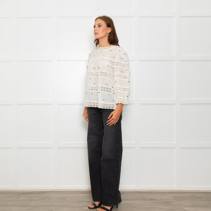 Wyse Cream Lace Trim Cotton Long Sleeve Top