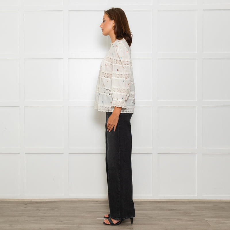 Wyse Cream Lace Trim Cotton Long Sleeve Top