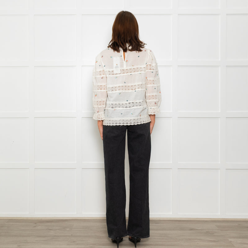 Wyse Cream Lace Trim Cotton Long Sleeve Top