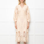 Maje Cream Midi Lace Dress With Long Sleeves