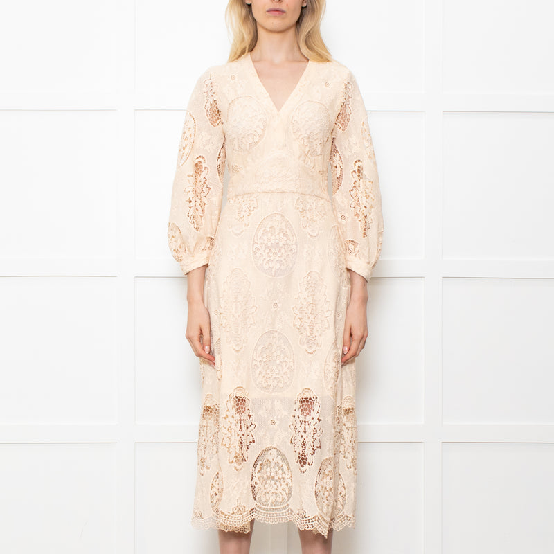 Maje Cream Midi Lace Dress With Long Sleeves