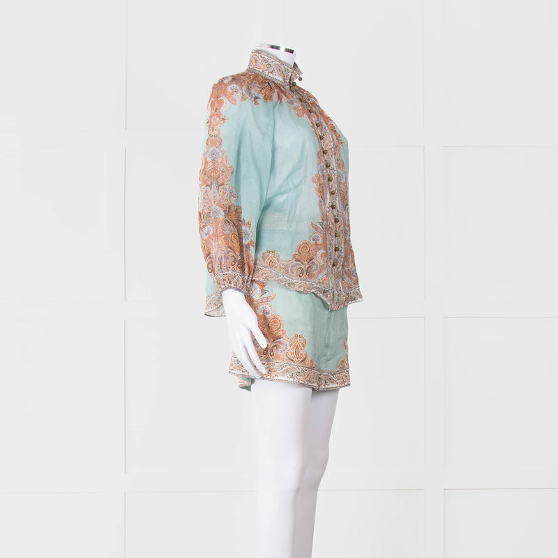 Zimmermann Turquoise and Orange Paisley Blouse with Crystal Buttons