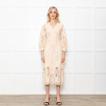 Maje Cream Midi Lace Dress With Long Sleeves