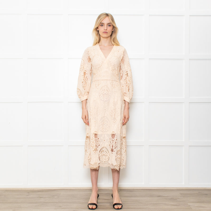 Maje Cream Midi Lace Dress With Long Sleeves