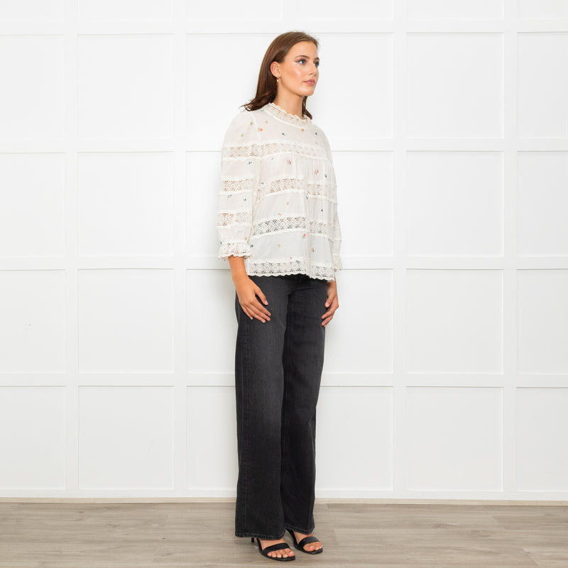 Wyse Cream Lace Trim Cotton Long Sleeve Top