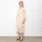 Maje Cream Midi Lace Dress With Long Sleeves