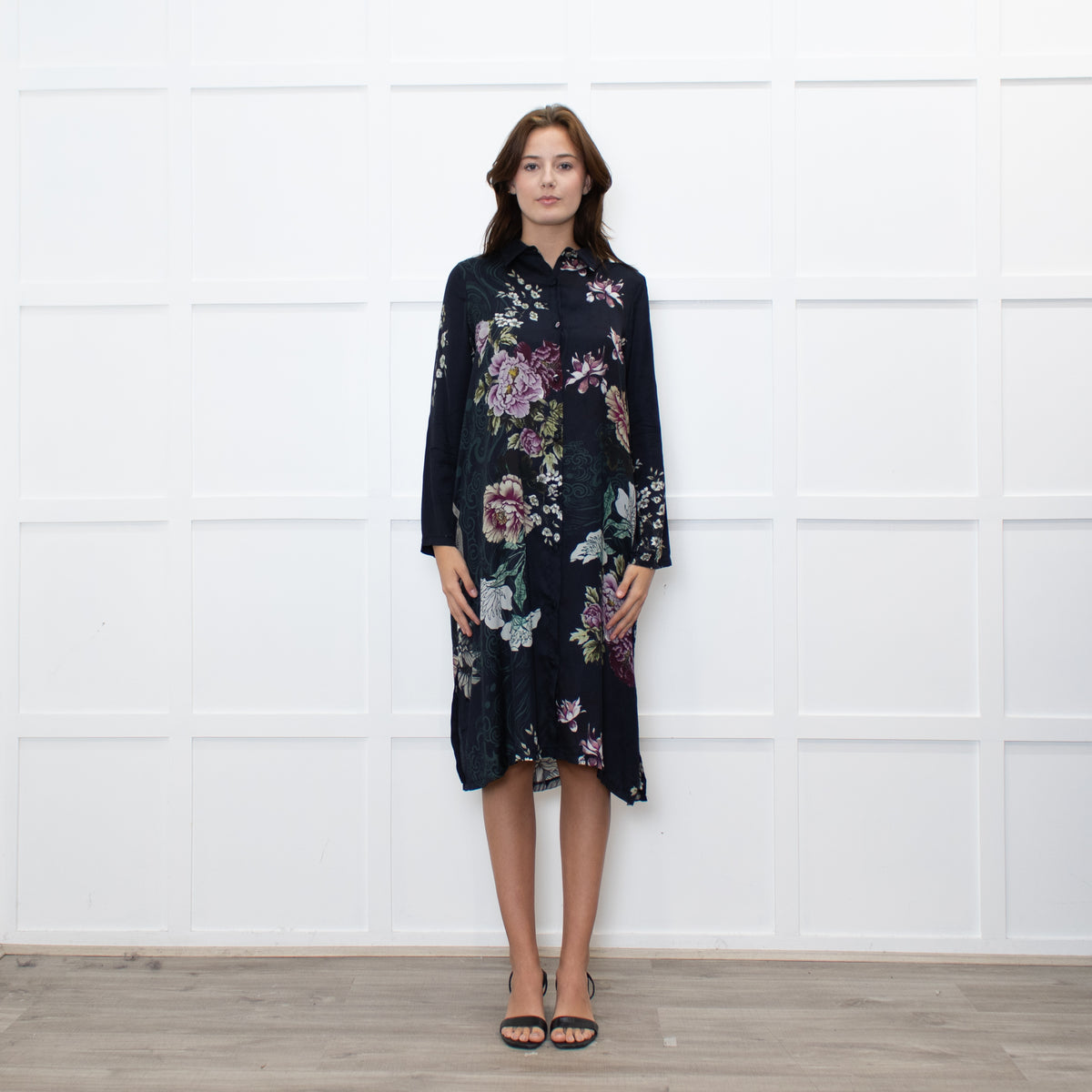 Jeff Navy Floral Long Button Up Dress