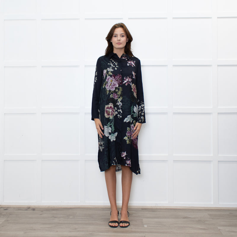 Jeff Navy Floral Long Button Up Dress