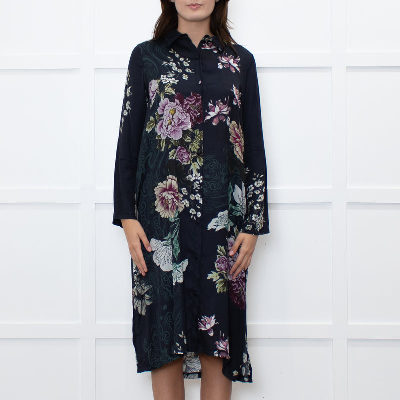 Jeff Navy Floral Long Button Up Dress