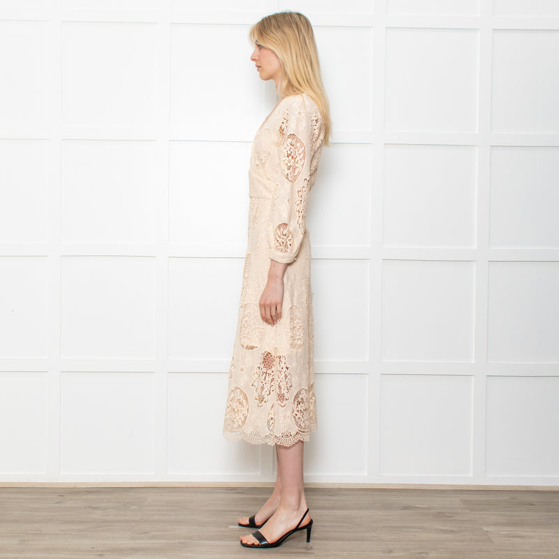 Maje Cream Midi Lace Dress With Long Sleeves