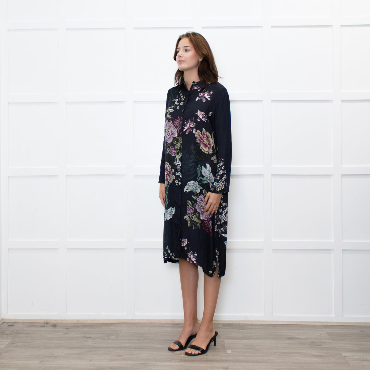 Jeff Navy Floral Long Button Up Dress