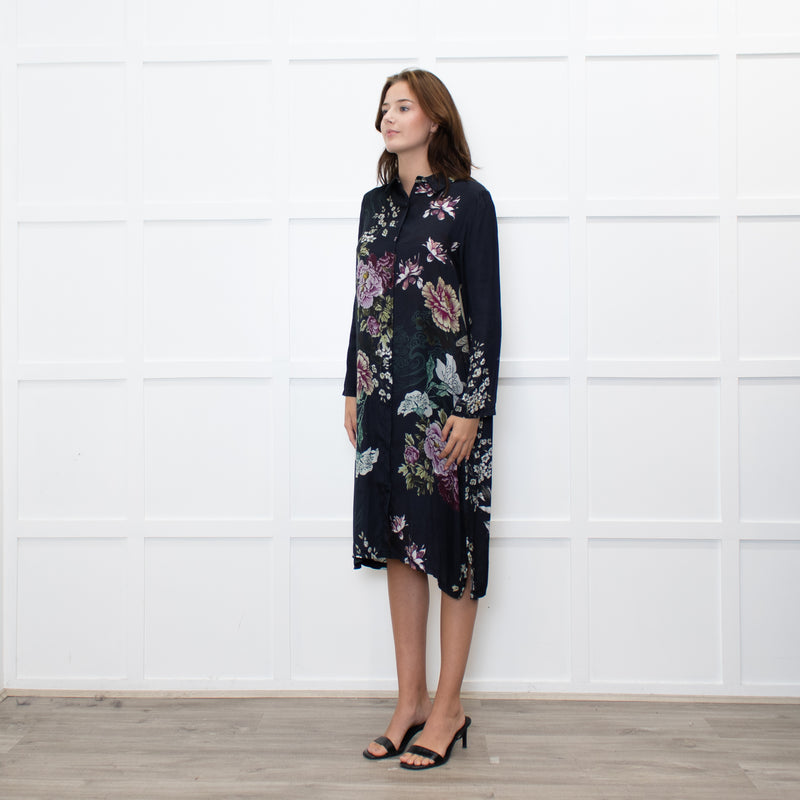 Jeff Navy Floral Long Button Up Dress
